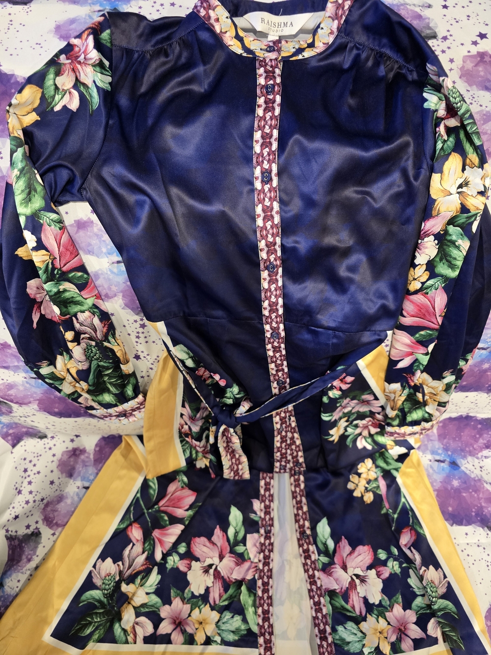 NWT Raishma Studio Navy Kiara Satin Floral Print Belted Maxi Dress Size 10